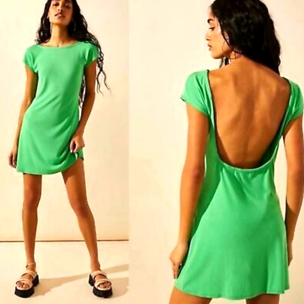 FREE PEOPLE BEACH Rosalia Green Low Back T Shirt Mini Dress Size Large NWOT